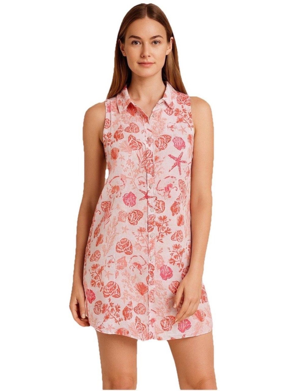 Sigrid Olsen 100 Linen Beach Seashell Print Sleeveless Button Cover-Up Dress